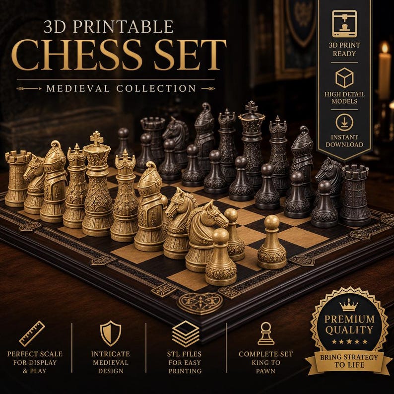 May include: A 3D printable chess set from a medieval collection featuring gold and dark grey pieces with intricate textures. The set includes kings, queens, bishops, knights, rooks, and pawns arranged on a matching board. Text includes 3D PRINTABLE CHESS SET.