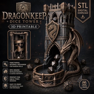 May include: A Dragonkeep dice tower 3D printable STL digital download featuring a stone-textured castle with a bronze dragon sculpture, a functional internal spiral mechanism, and multiple polyhedral dice scattered around the base.