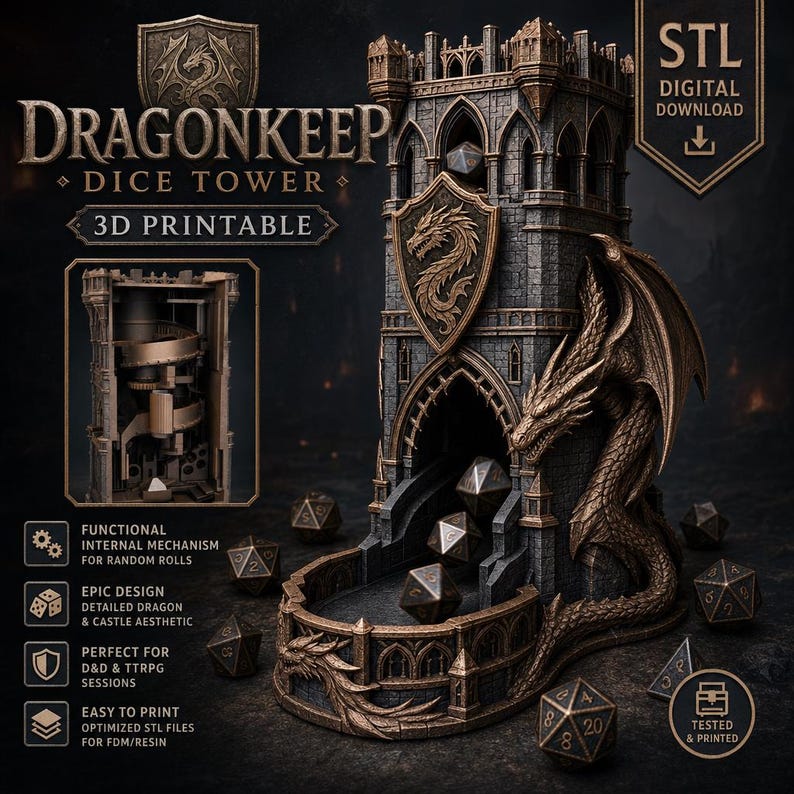 May include: A Dragonkeep dice tower 3D printable STL digital download featuring a stone-textured castle with a bronze dragon sculpture, a functional internal spiral mechanism, and multiple polyhedral dice scattered around the base.