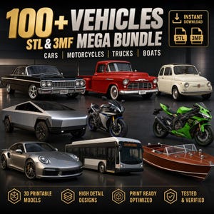 Puede incluir: Una colección digital de más de 100 modelos 3D de vehículos que incluye coches, motocicletas, camiones y barcos. La imagen muestra un sedán negro, una camioneta roja, un coche compacto blanco, un camión plateado, dos motos, un autobús y un barco de madera.