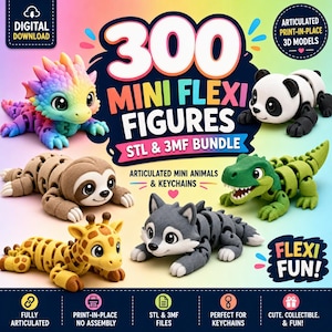 May include: A digital download bundle of 300 mini flexi figures featuring articulated 3D models of a rainbow dragon, panda, sloth, giraffe, wolf, and green dinosaur. The graphic includes text stating STL & 3MF bundle, print-in-place, and flexi fun.