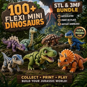 May include: A collection of articulated dinosaur figures including a purple stegosaurus, green long-neck, brown ankylosaurus, blue raptor, green tyrannosaurus, and orange triceratops. Text reads 100+ FLEXI MINI DINOSAURS, STL & 3MF BUNDLE, and COLLECT PRINT PLAY.