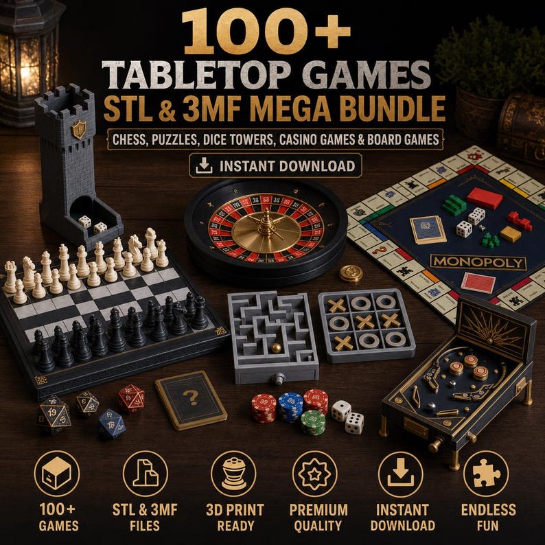 100+ Tabletop Games STL 3MF Mega Bundle | Chess, Puzzles, Dice Towers, Casino & Board Games | Instant Download image 1
