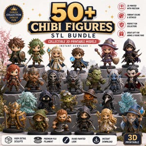 Könnte beinhalten: Eine digitale Sammlung von über 50 Chibi-Figuren in einem STL-Paket für den 3D-Druck. Das Bild zeigt verschiedene Fantasy-Charaktere wie Krieger, Magier und Kreaturen, jeweils mit detaillierten Merkmalen, lebendigen Farben und Zubehör.