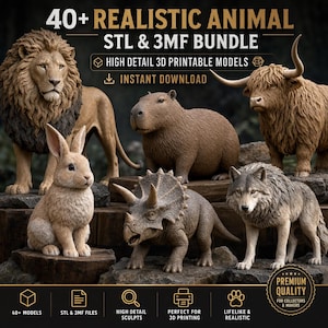 May include: A digital bundle of 40+ realistic animal 3D printable models in STL and 3MF formats. The image displays a lion, capybara, highland cow, rabbit, triceratops, and wolf. Text includes 40+ REALISTIC ANIMAL STL & 3MF BUNDLE and HIGH DETAIL.