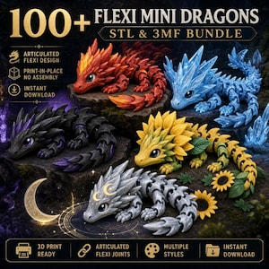 May include: A digital bundle of 100+ Flexi Mini Dragons featuring articulated designs for 3D printing. The image displays five distinct dragon models in red, blue, black with purple accents, yellow with sunflower details, and grey with moon symbols.