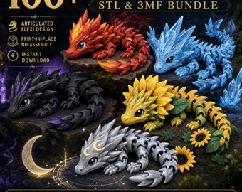 Paquete de más de 100 mini dragones flexibles en formato STL y 3MF / Modelos articulados para impresión 3D / Colección para imprimir directamente / Descarga instantánea