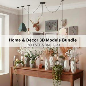 Peut inclure: Une présentation d'articles de décoration intérieure, comprenant des vases géométriques, des suspensions lumineuses et des œuvres d'art murales. Le texte "Home & Decor 3D Models Bundle" est visible. La scène présente une console en bois avec diverses plantes et objets décoratifs.