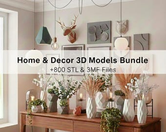May include: A display of home decor items, including geometric vases, hanging pendant lights, and wall art. The text "Home & Decor 3D Models Bundle" is visible. The scene features a wooden console table with various plants and decorative objects.