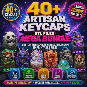 Peut inclure: Un graphique numérique pour un lot de plus de 40 fichiers STL de touches de clavier artisanales. L'image présente divers modèles de touches imprimables en 3D, dont un panda, une licorne, un phénix, un chevalier et des champignons sur fond spatial.