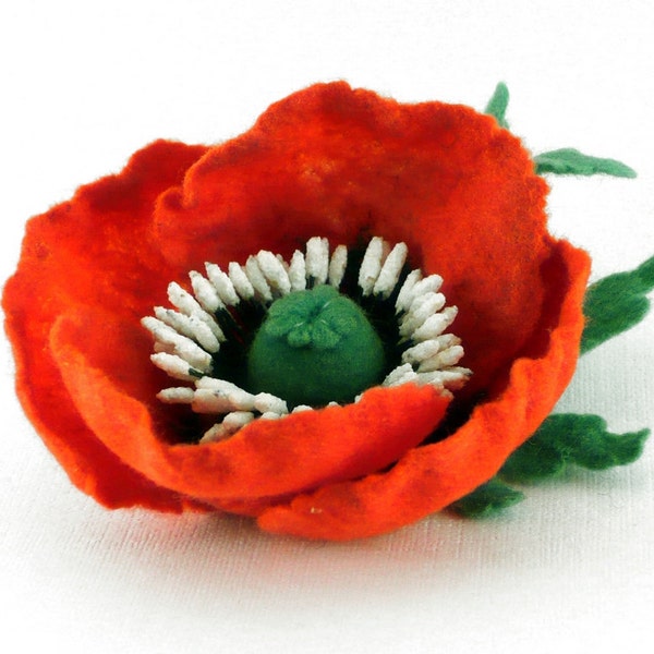 Felted flower hair clip red poppy eco friendly OOAK ready to ship gift under 35