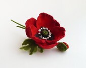 Feutre de rouge coquelicot, Fleur broche, pavot, fleur avec bud, prêt à expédier