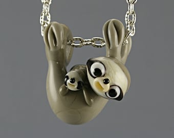 Sloth necklace Glass charm pendant lampwork jewelry european grey sloth with baby sculpture/ miniature / BHB bead with bronze chain