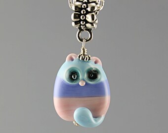 Cat charm pendant necklace gift / Glass lampwork big hole bead or BHB bead , charms bracelet ,european bracelet , jewelry