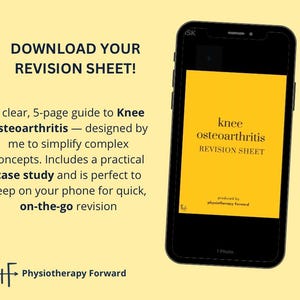 Puede incluir: Un smartphone muestra una pantalla amarilla con el texto "knee osteoarthritis REVISION SHEET". El teléfono es negro, sobre un fondo amarillo claro. El texto superior dice "DOWNLOAD YOUR REVISION SHEET!"