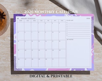 May include: A 2026 monthly calendar with a white background and a purple and pink abstract design. The calendar includes a January schedule, a to-do list, and space for notes. The text "DIGITAL & PRINTABLE" is at the bottom.