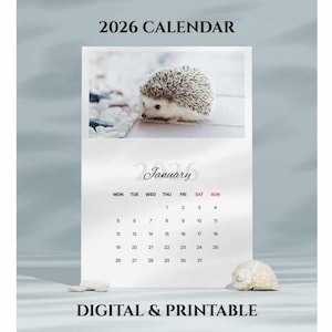 Könnte beinhalten: Ein 2026-Kalender mit einem Foto eines Igels. Der Kalender zeigt den Monat Januar mit Wochenübersicht. Die Wörter "2026 CALENDAR" und "DIGITAL & PRINTABLE" sind auf dem Kalender aufgedruckt.