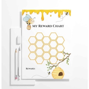 May include: A white reward chart with a bee theme. The chart features a honeycomb design, a cartoon bee, and the text "MY REWARD CHART". A pencil, eraser, and pen are on the left side.
