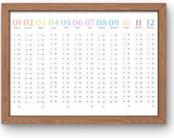 May include: A framed wall calendar with a light brown wooden frame. The calendar grid is white with pastel-colored month titles and numbers. Each day has a small circle for marking dates. The calendar is a decorative home decor item.