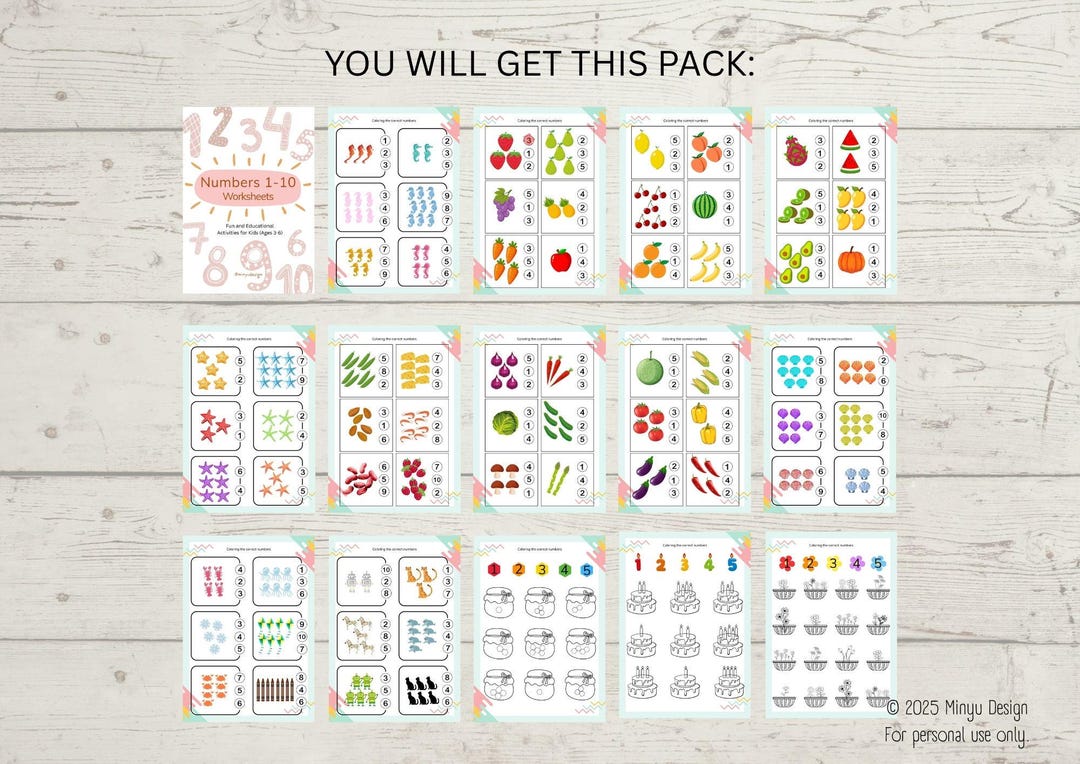 60 Pages Printable Numbers 1-10 Worksheets ｜matching｜ Coloring ...