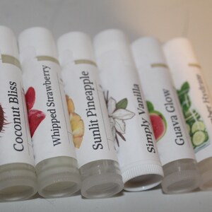 May include: Six white lip balm tubes with labels displaying illustrations of coconut, strawberry, pineapple, vanilla, guava, and cucumber. The lip balms are angled, highlighting the different flavours.