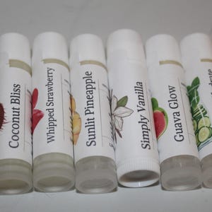 May include: Six white lip balm tubes with labels displaying flavour names and illustrations. Flavours include Coconut Bliss, Whipped Strawberry, Sunlit Pineapple, Simply Vanilla, Guava Glow, and Cucumber Hydrate.