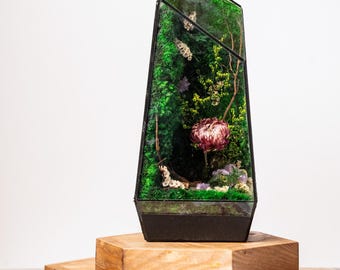 Terrario de musgo preservado: vidrio geométrico, flores secas