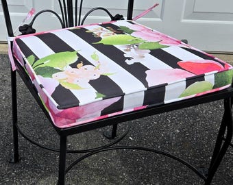 Custom Wrought Iron Outdoor Cushion: Floral Stripe Upholstery