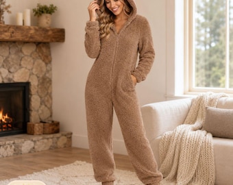 Women's Fluffy Teddy Bear Onesie, Hooded Zip Plush Jumpsuit, Cozy Winter Gift For Her