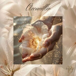 Puede incluir: Obra de arte digital que muestra una flor blanca brillante sostenida en manos ahuecadas. El centro de la flor irradia una cálida luz dorada, rodeada de partículas brillantes. La palabra "Accueillir" está escrita en cursiva en la parte superior.