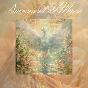 Puede incluir: Una etérea obra de arte digital que presenta una paloma blanca con las alas extendidas, sobre un fondo de colores pastel suaves. La obra de arte incluye el texto "Sacrement de Marie" en una elegante escritura, evocando una sensación de paz y espiritualidad.