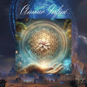 Puede incluir: Impresión de arte digital con el texto "Amour Infini". La obra presenta un diseño floral geométrico en el centro, rodeado por un aura brillante y una mano que se extiende hacia arriba. El fondo representa una ciudad futurista.