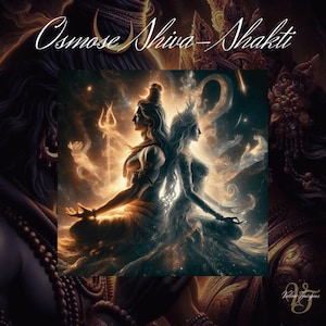 Puede incluir: Impresión de arte digital que presenta dos figuras espalda con espalda en un entorno celestial. La obra de arte, titulada "Osmose Shiva-Shakti", representa una figura masculina y femenina con detalles intrincados, sobre un fondo de luz arremolinada y elementos cósmicos.