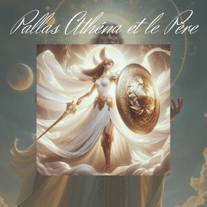 Puede incluir: Una representación artística de Palas Atenea, una figura con un vestido blanco fluido, sosteniendo una espada y un escudo. La imagen presenta un fondo celestial con el texto "Pallas Athena et le Père" en la parte superior. La obra tiene un tema clásico y etéreo.