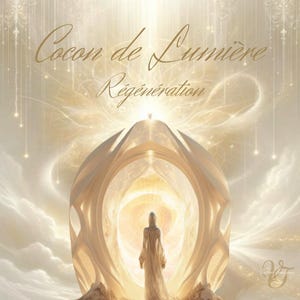 Puede incluir: Una obra de arte digital etérea en tonos dorados y blancos. La imagen presenta una figura con un vestido fluido frente a una gran estructura ornamentada. El texto "Cocon de Lumière Régénération" está escrito en una elegante escritura en la parte superior.