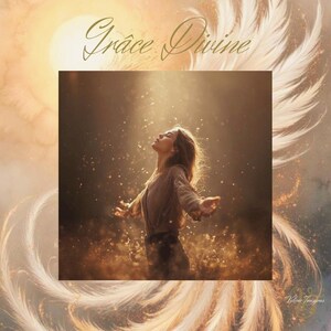 Puede incluir: Imagen artística de una mujer con los brazos extendidos, bañada en luz dorada. El texto "Grâce Divine" se muestra en una elegante escritura. El fondo incluye elementos en forma de plumas y un brillo cálido y etéreo.