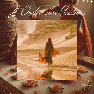 Puede incluir: Imagen artística que presenta a una mujer con una túnica naranja fluida caminando por una playa con dunas de arena al fondo. El texto "L'Ordre des Initiés" está escrito en cursiva en la parte superior. Flores de loto y pétalos flotan en el agua.