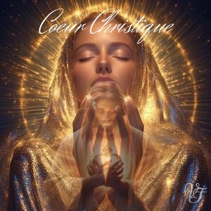 Puede incluir: Una obra de arte digital etérea que presenta a una mujer con los ojos cerrados, rodeada de luz dorada. La imagen incluye el texto "Coeur Christique" en una escritura elegante. Una segunda figura translúcida se sostiene en las manos de la mujer, también brillando.