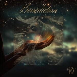 Puede incluir: Imagen digital artística con la palabra "Bénédiction" en escritura elegante. La imagen presenta un rostro y manos, con una superposición celestial de estrellas y luz, creando un efecto onírico y etéreo.