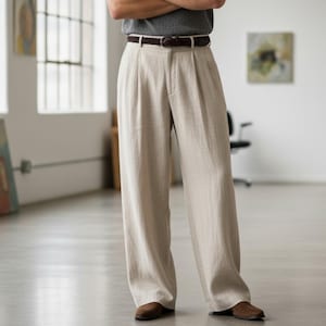 Men’s Wide Leg Pleated Linen Blend Pants – Relaxed Fit Trousers, Summer Lightweight Vintage Style, Casual Korean Fashion Pants