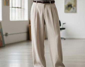 Pantalon large plissé en lin mélangé pour hommes - Pantalon de coupe décontractée, style vintage léger pour l'été, pantalon décontracté à la mode coréenne