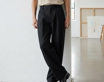 Pantalon large taille haute - pantalon de costume plissé, pantalon ample, style coréen minimaliste, moka noir