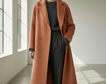 Women’s Wool Long Coat – Double Breasted Winter Overcoat, Minimalist Lapel Jacket, Elegant Warm Woolen Outerwear, Classic Structured Coat