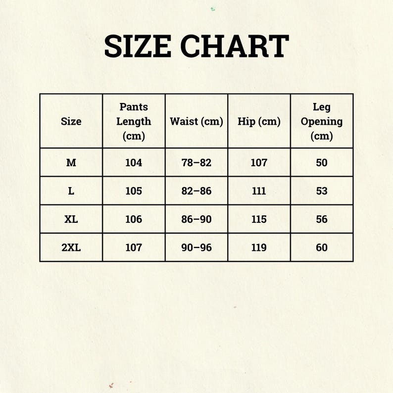 Peut inclure: Un tableau des tailles pour pantalons, avec des mesures en centim&egrave;tres. Le tableau comprend les tailles M, L, XL et 2XL, avec les mesures correspondantes pour la longueur du pantalon, la taille, les hanches et l'ouverture de la jambe.