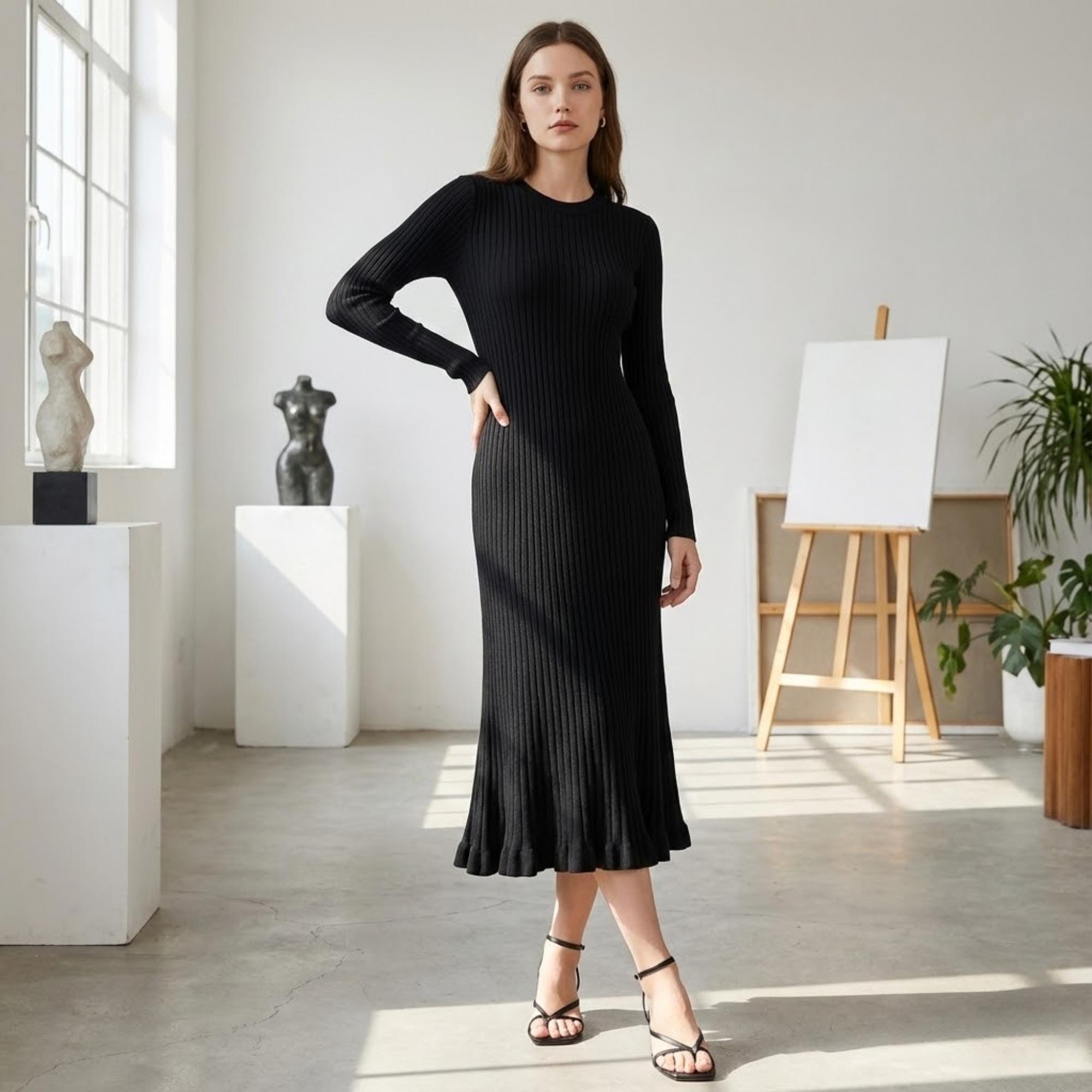 knee length dresses for ladies Green Ribbed Midi Dress main image 1