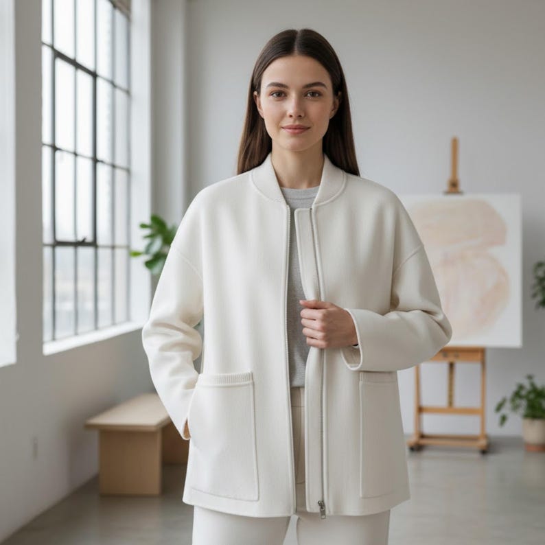 May include: Cream-colored jacket with a zip-up front, two front pockets, and a ribbed knit trim. The jacket is worn over a gray top and paired with matching pants. The outfit is in a well-lit room with a large window.