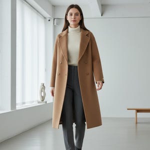 May include: A long, camel-colored coat with a double-breasted design. The coat features a classic lapel collar and is worn over a cream-colored turtleneck sweater and gray trousers. The coat's length extends to the ankles.