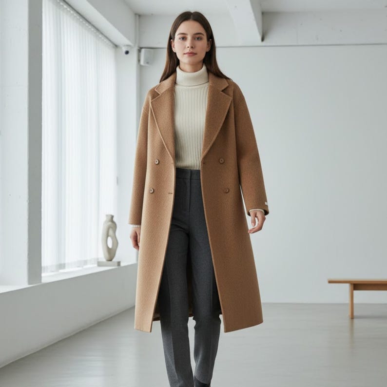 May include: A long, camel-colored coat with a double-breasted design. The coat features a classic lapel collar and is worn over a cream-colored turtleneck sweater and gray trousers. The coat's length extends to the ankles.