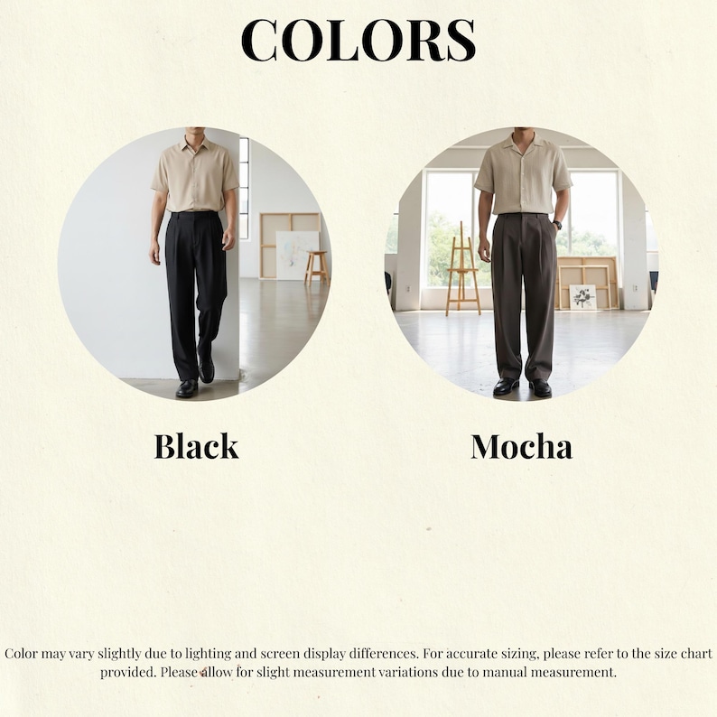 Minimalist wide leg trousers for men in black and mocha high waist relaxed fit design