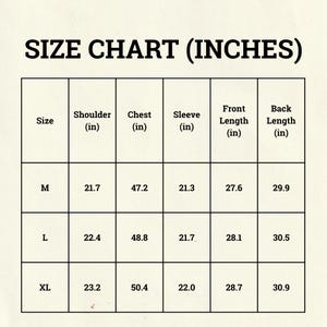 May include: A size chart in inches, with measurements for shoulder, chest, sleeve, front length, and back length. Sizes include M, L, and XL, with corresponding measurements in inches for each size. The chart is on a cream-colored background.